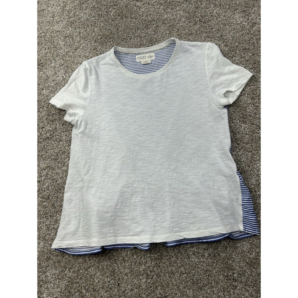 Kate Spade Womens Size Medium Broome Street White Blue Striped Peplum Ruffle Tee